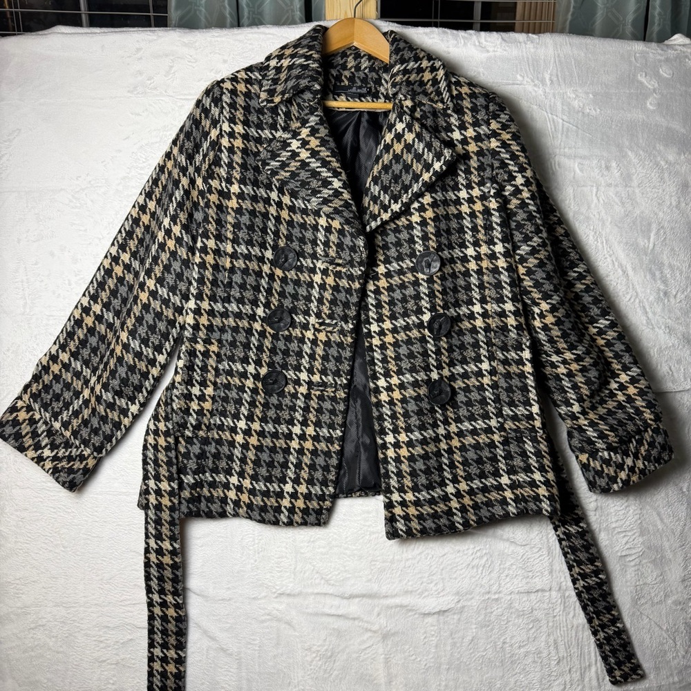 Willi Smith Black and Cream Houndstooth Pea Coat